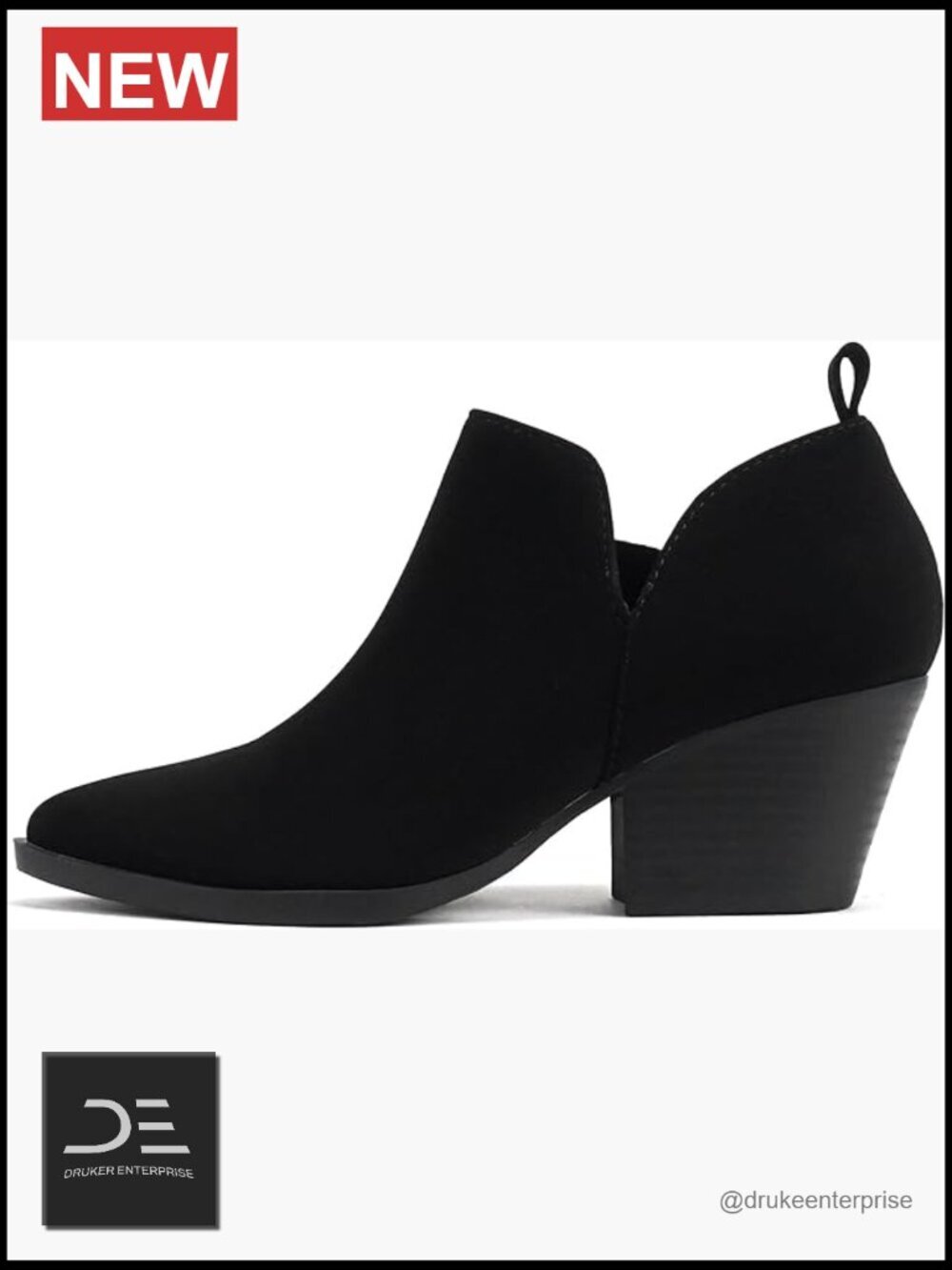 Women Pointed Toe V Cut Stacked Chunky Low Heel Ankle Boot Bootie Side Zipper
